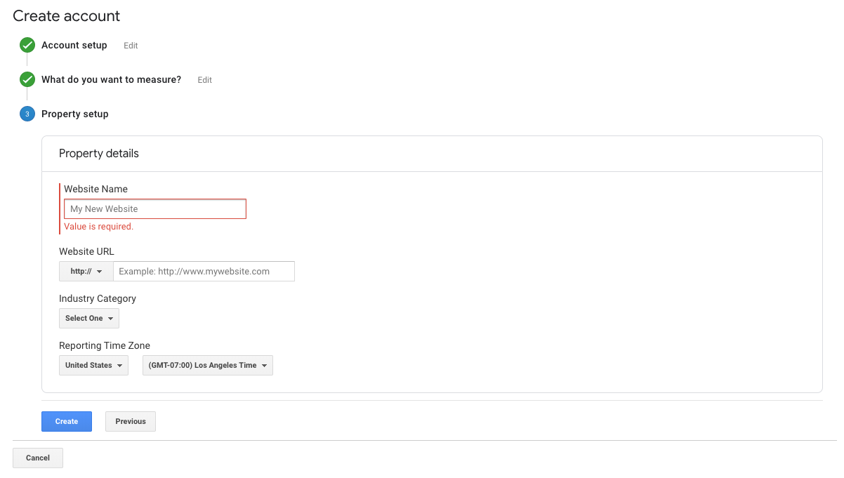 Google Analytics create account